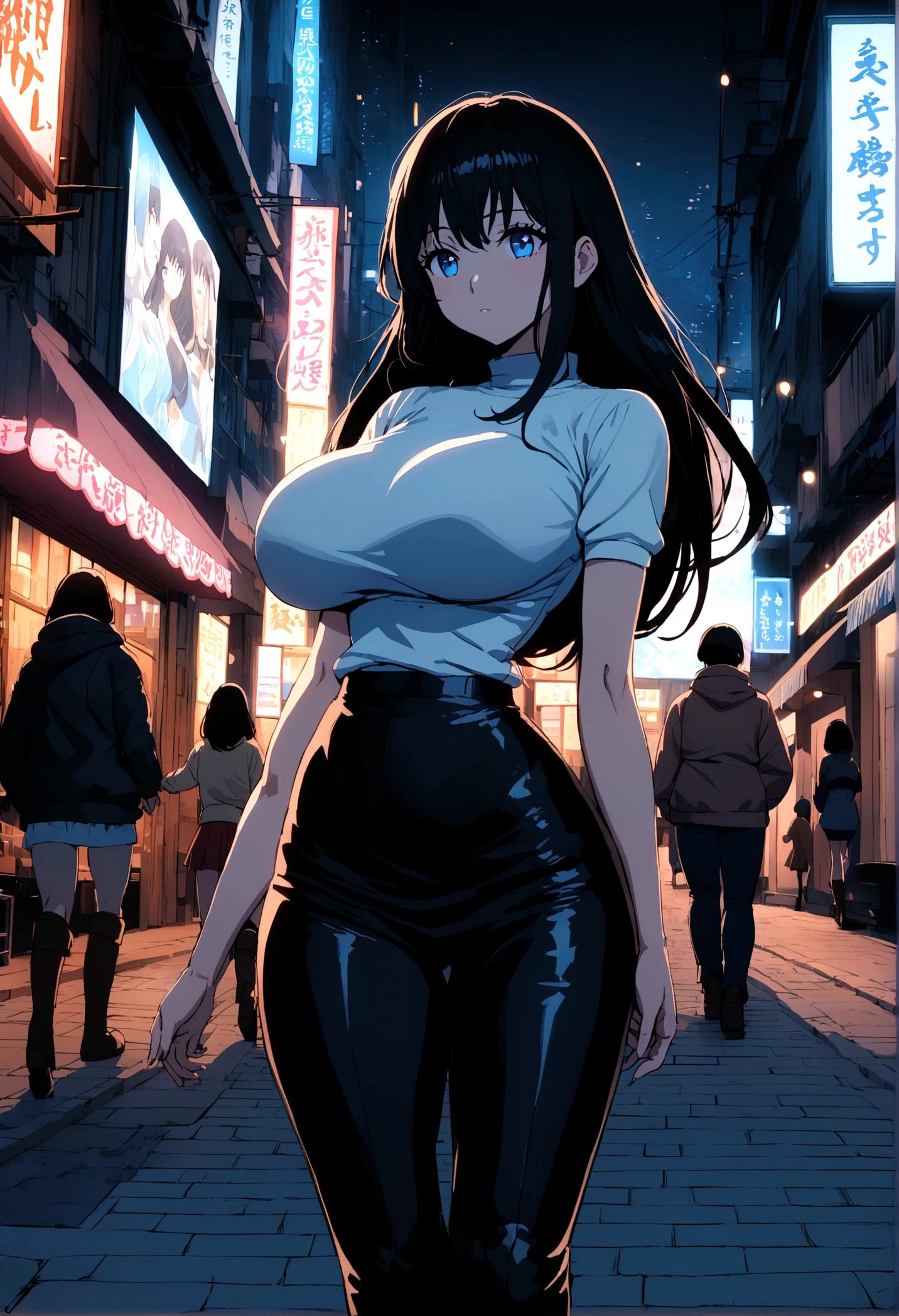 Anime girl long black hair, blue eyes, With big breasts and slim with hips and ass. Wearing a skirt and a top, high boots walking through the city streets at night.