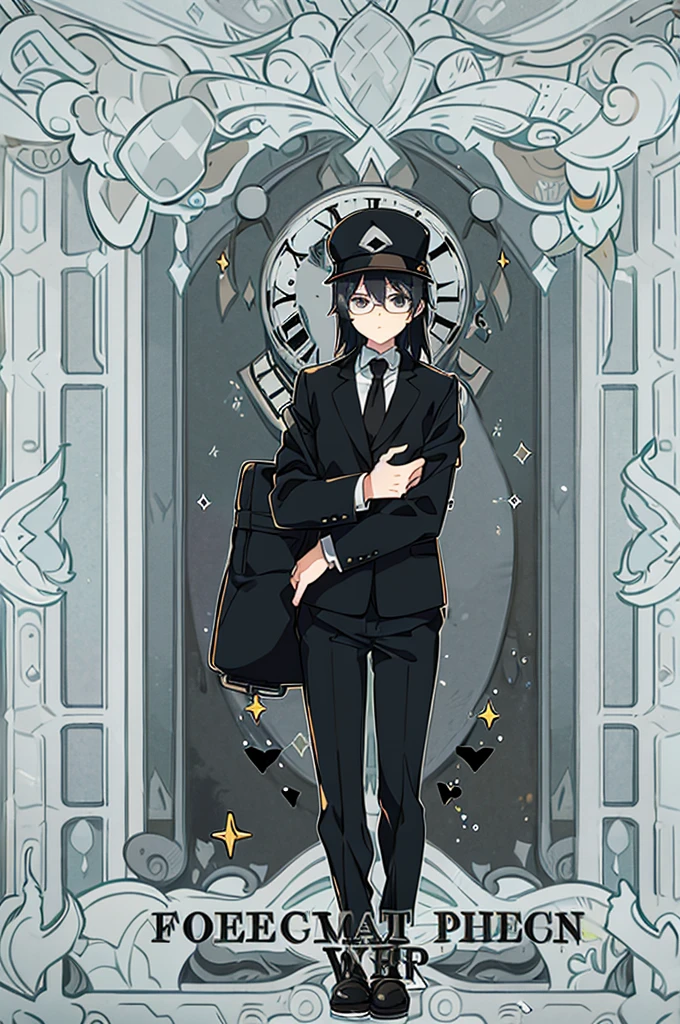 Man, black shorts hair, eyes gray, glasses, black Fedora hat, black suit, black pants, pocket clock, strong