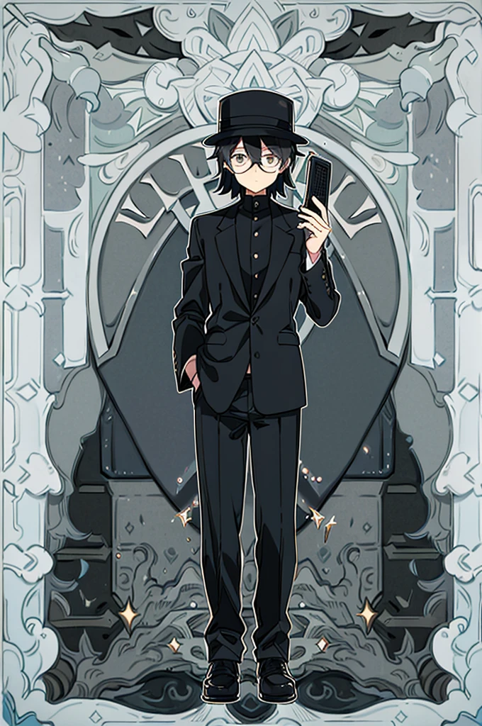 Man, black shorts hair, eyes gray, glasses, black Fedora hat, black suit, black pants, pocket clock, strong