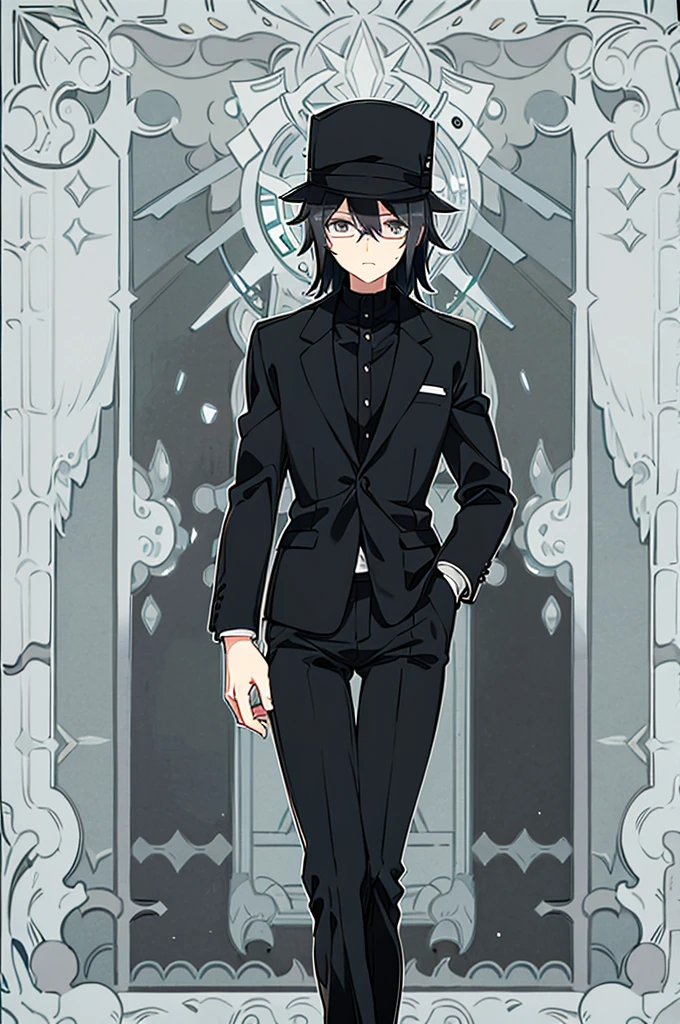 Man, black shorts hair, eyes gray, glasses, black Fedora hat, black suit, black pants, pocket clock, strong