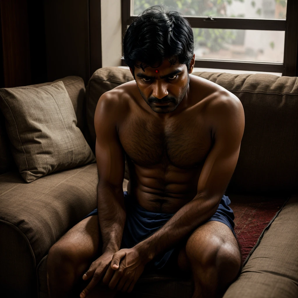 Indian army officer with muscular body laying on bed inside the army tent wearing brief with a big erected dick inside.
