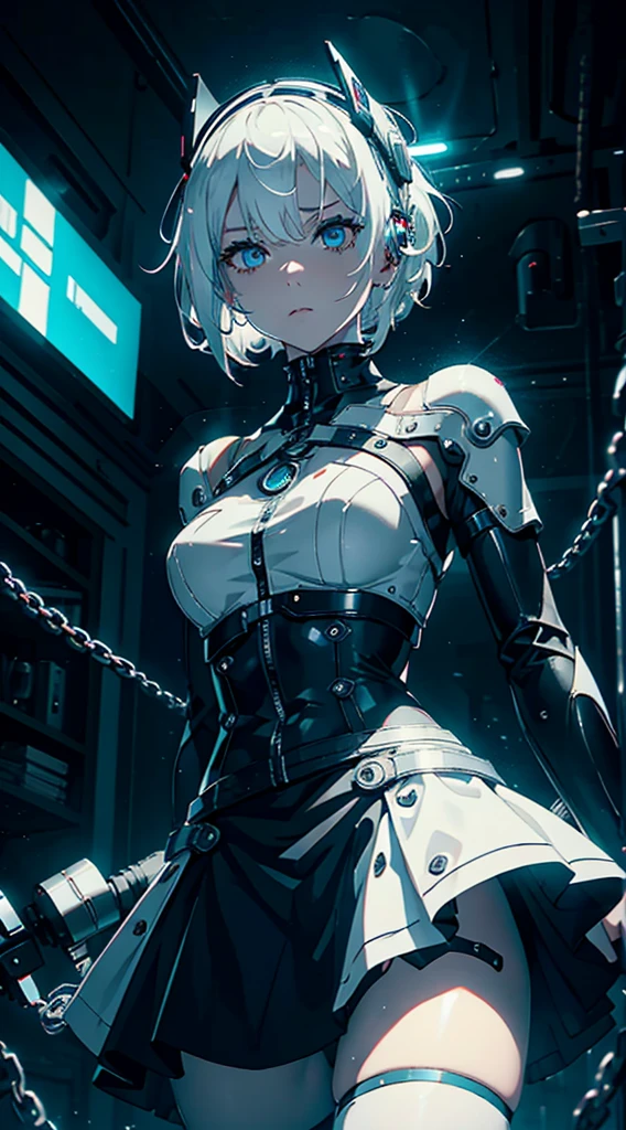 Android Girl,white hair,short and messy hair, white eyes, Holding a chain whip,chains on the hands, cute, skirt, white blouse, cyberpunk style, eletronic gloves, mecanic parts, eletronic details,living room background.HD lighting and dark )(epic image quality) dark atmosphere with bright particle light(many effects in background), fullbody shot, robot