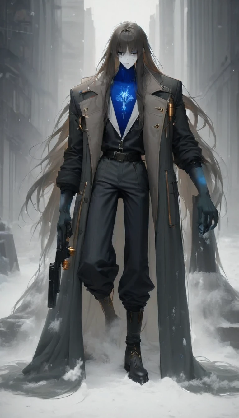 19 years old, skin as pale as clear snow, knee length golden/datk brown hair, dark greenish-yellow blue eyes, 6.4 foot tall, cold hearted, dark long-sleeved jacket woth a high collar, long dark pants black shoe's, a cold emotionless expression, a mix between cyberpunk and steampunk, carries a large black heavy hand cannon (handgun but made to fire much larger calibres of ammunition) male focus, Long hair, male, top quality,
