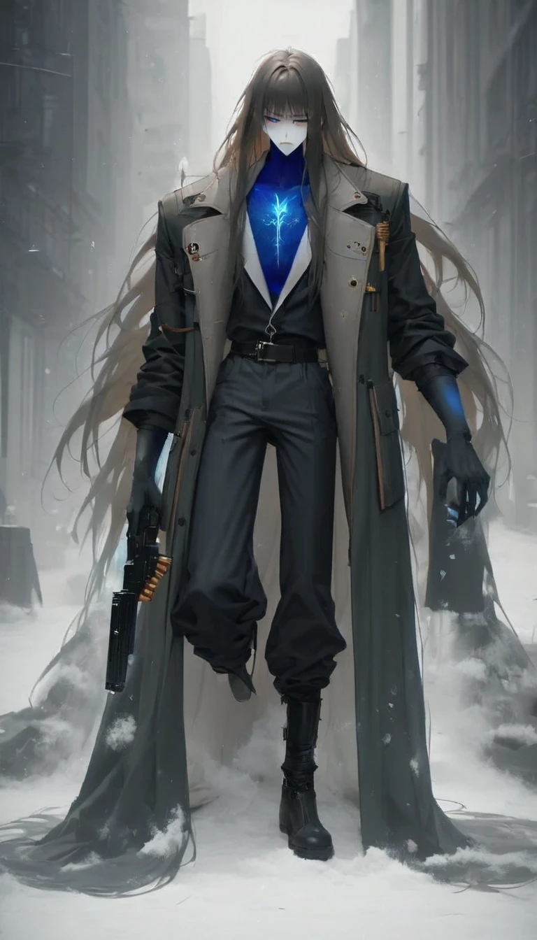 19 years old, skin as pale as clear snow, knee length golden/datk brown hair, dark greenish-yellow blue eyes, 6.4 foot tall, cold hearted, dark long-sleeved jacket woth a high collar, long dark pants black shoe's, a cold emotionless expression, a mix between cyberpunk and steampunk, carries a large black heavy hand cannon (handgun but made to fire much larger calibres of ammunition) male focus, Long hair, male, top quality,