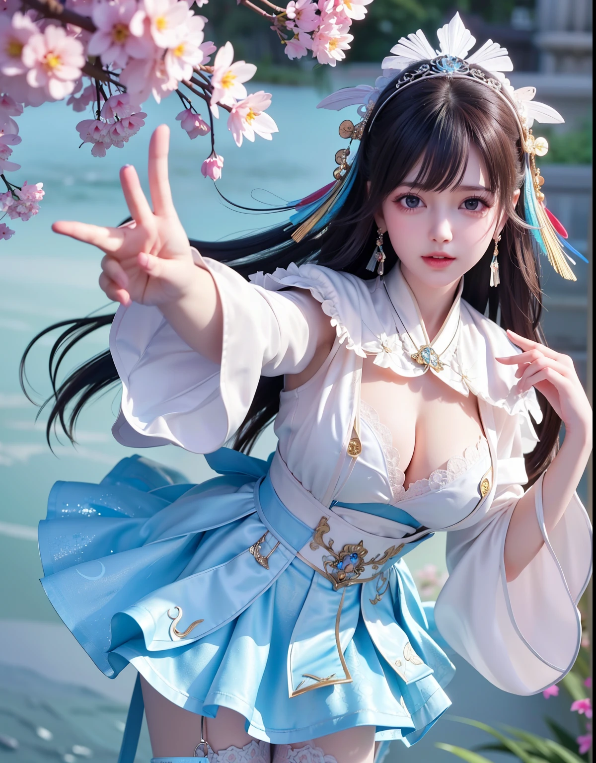 (8k, RAW photo:1.2), best quality, ultra high res,dramatic angle,(fluttered detailed color splashs), (illustration),(((1 girl))),(long hair),(rain:0.9), (Headdress:1.4),There is an ancient palace beside the girl,Hanfu,(Key Points),Color ink painting,(Splash of Color),Splash of Color,(((colorful))),(sketch:0.8) , Masterpiece, best quality, beautiful painted, highly detailed,(denoising:0.6),[splash ink],((ink refraction)), (beautiful detailed sky),moon,highly,detaild,(masterpiece, best quality, extremely detailed） CG Unity 8k Wallpaper，masterpiece，best quality，Ultra Detailed），（Lycoris）.shoulder ballet dress open V-chested clothes Thin silk lace dress short skirt , (huge ，cleavage),, white pink, blue ，best qualtiy，tmasterpiece，Ultra-high resolution，（Reality：1.4），RAW photogr，（True skin texture：1.3），（filmgrain：1.3），（Selfie angle），1个Giant Breast Girl，Beautiful eye and face details，tmasterpiece，Best quality at best，，The chest more exposed， detailed hair, bra pink , detail 8k, full body, lace petticoat, fan handle