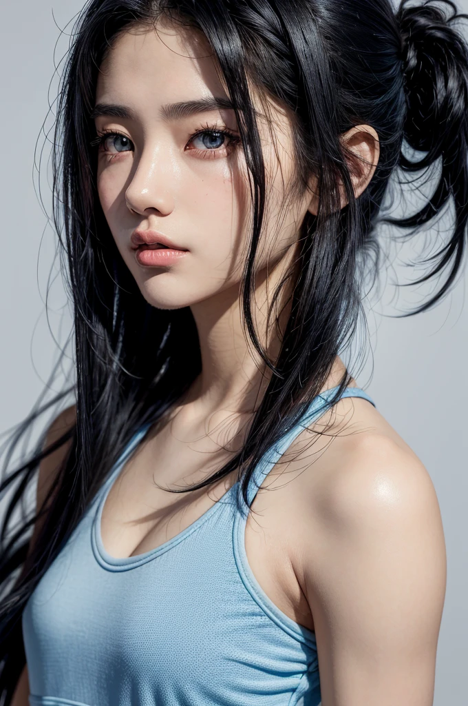 20-year-old woman, Black-haired, high contrast (Natural skin texture, Hyperrealism, Soft Ligh, sharp), high resolution, blue sport wear, pov, full body