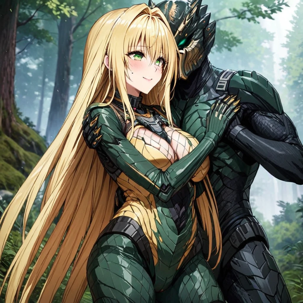 ((Highest quality)), ((masterpiece)), (detailed), （Perfect Face）、The woman is a Predator named Tearje, with green eyes, medium-long blonde hair, a Predator suit, and a Predator mask that covers her entire face, making her a complete female Predator, happily embracing her fellow male Predator in the forest.