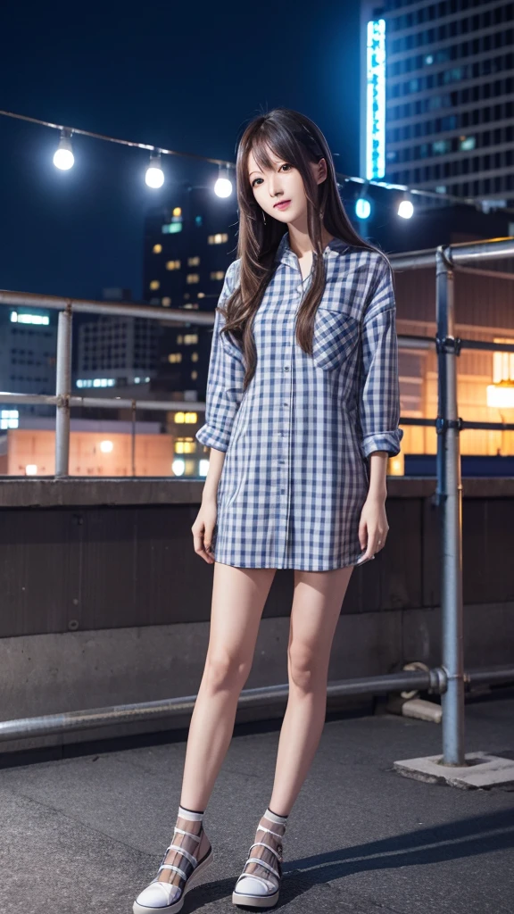 Hoshimachi Suisei (hololive), long straight hair, (Skinny body),Gray checkered clothing, building rooftop, standing in front of steel fence, upright, blue-white light night scene, wind