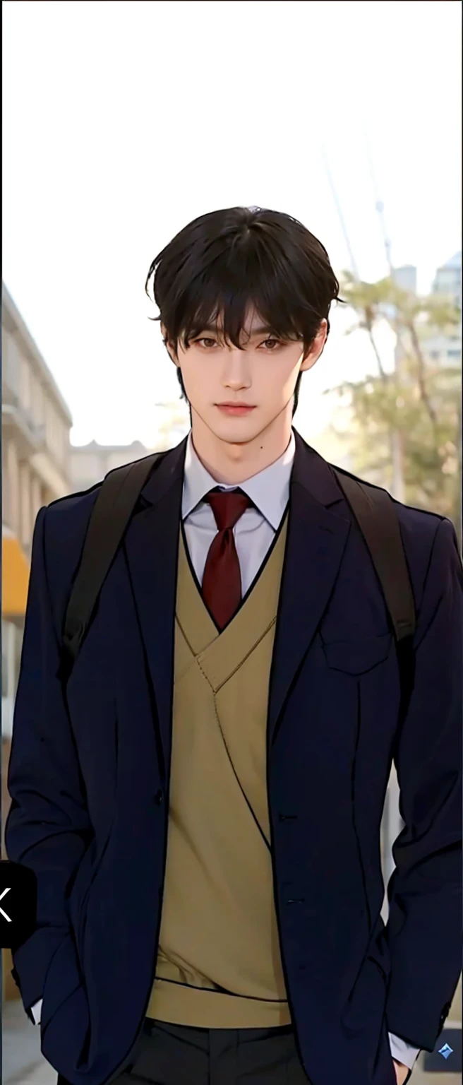 Handsome boy, black hair, brown eyes, (wearing dark blue formal with dark yellow and white inside), with red necktie, wearing black backpack