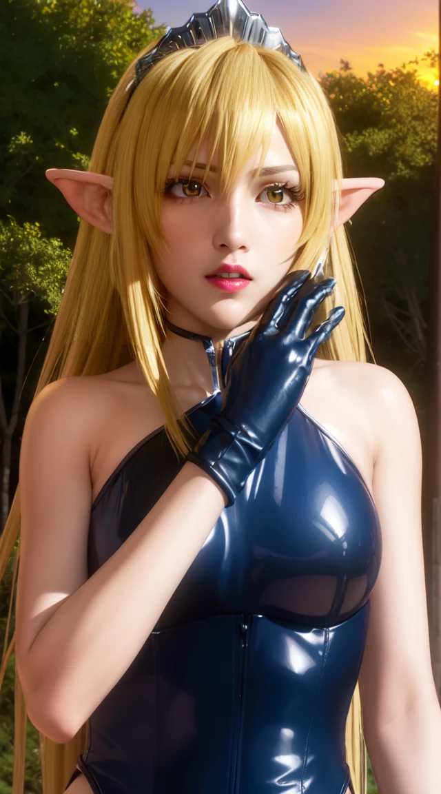 (8k, RAW, Photorealistic: 1.25), (1girl), Realistic, Cinematic Light, (Action Pose: 1.4), (Dark Shot: 1.4), (High Detail Skin: 1.4), Platinum Gold Hair, Beautiful Woman Covered with Jewels, (Highly Detailed Bronze Armor;1), Green Eyes, Sunlight, Through Dark Forest, Sunlight, Through Trees, 8 Life-Size, Chic body, (highest quality)), Tyndall effect, add depth to the image with backlight effect, Perfect anatomy, (fantasy warrior:1), (big breasts:1.1), (nearly naked:1),