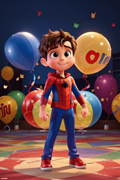 Create children's image with a birthday theme. fund: A colorful and vibrant city with tall buildings, semelhante ao cenário urbano onde o spider-man costuma aparecer.
spider-man: Designed in a user-friendly and , in a fun and dynamic pose, as if swinging from a web or waving.
Balloons and Decorations: colorful baloons, party flags and confetti spread across the background to give a birthday party atmosphere.
texto: From the top of the image, in large, colorful letters, Write "João Miguel!" and in the lower part, "5".