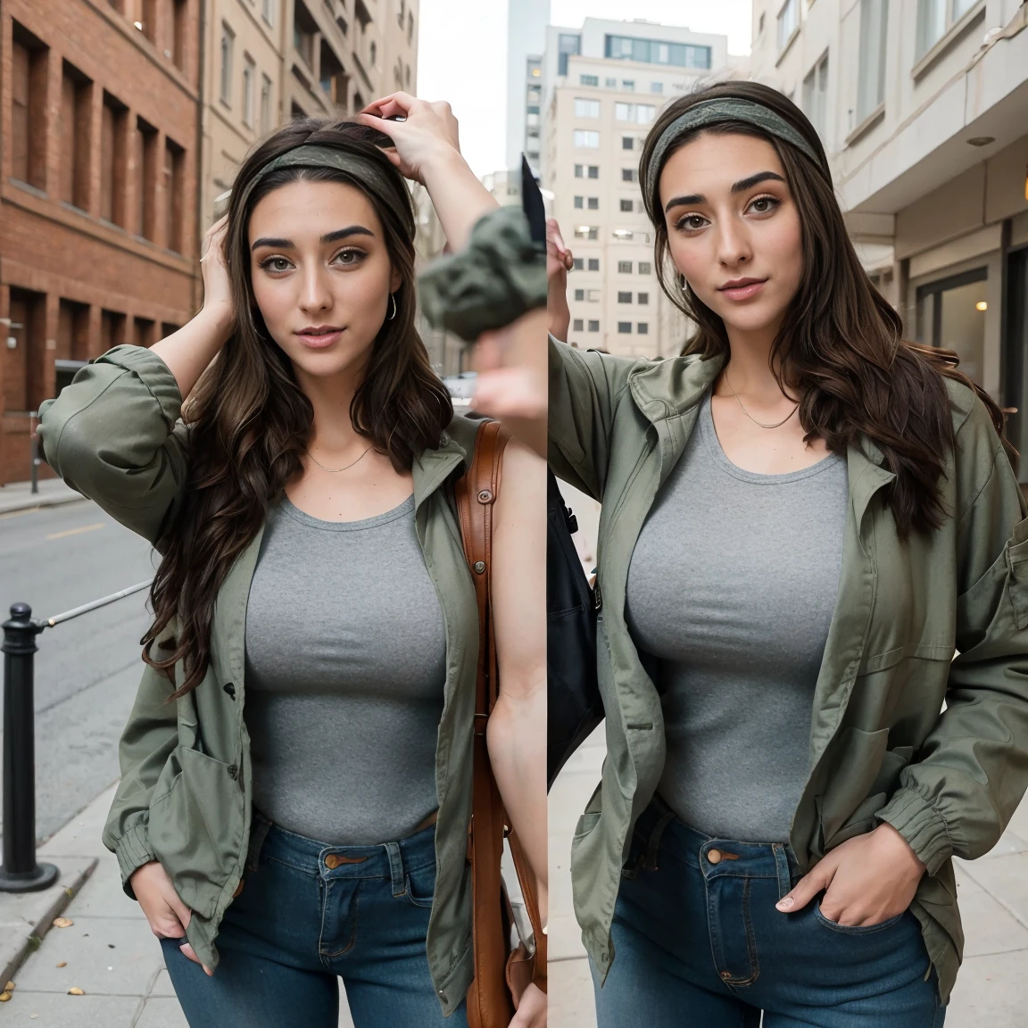Extremely busty thin and toned brunette photographer, college girl, fair skin, loose side sweep, soft face, athletic, bandana headwrap, tight olive green casual windbreaker, skinny jeans. standing in front of her apartment building, outdoors, city, camera bag, shoulder strap