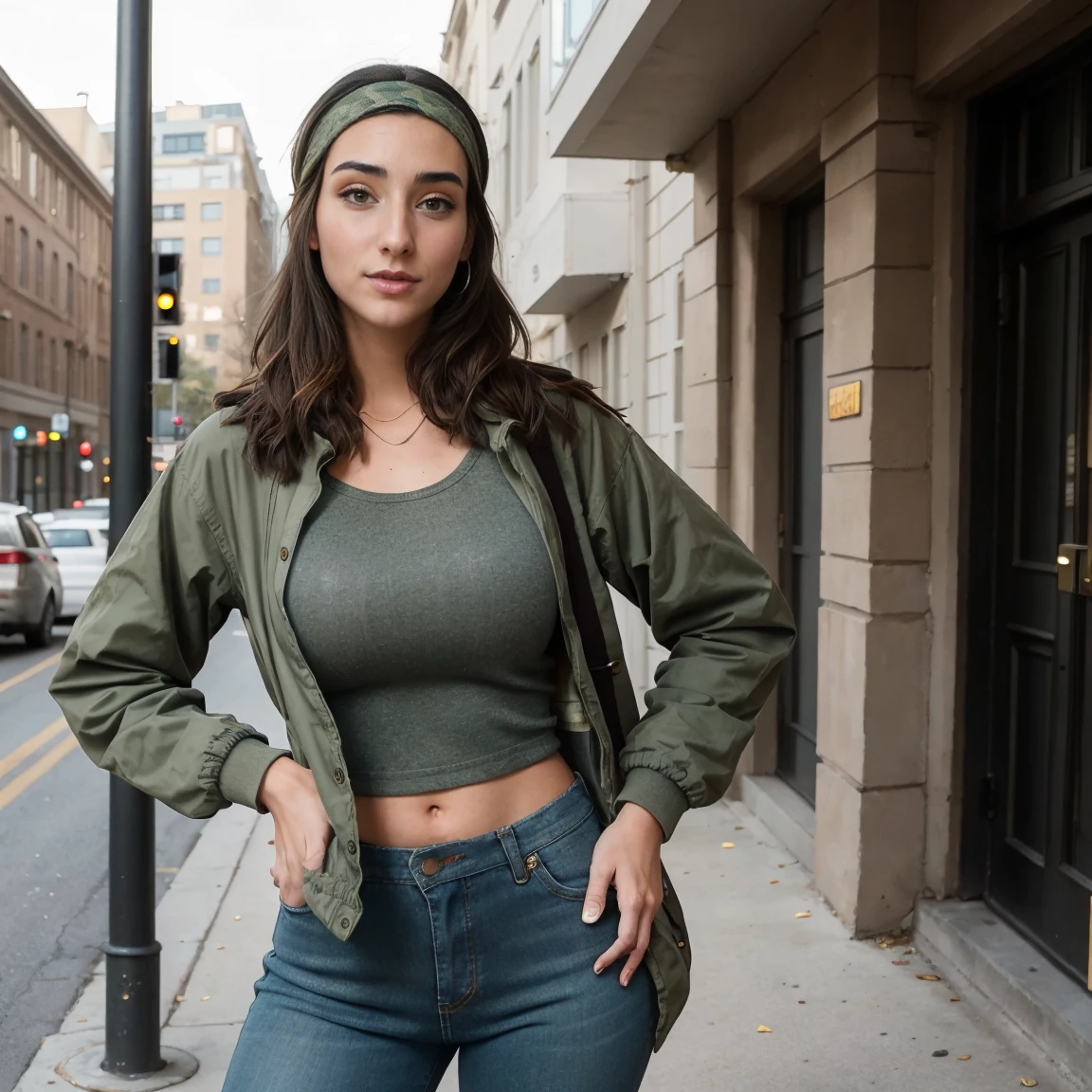 Extremely busty thin and toned brunette photographer, college girl, fair skin, loose side sweep, soft face, athletic, bandana headwrap, tight olive green casual windbreaker, skinny jeans. standing in front of her apartment building, outdoors, city, camera bag, shoulder strap