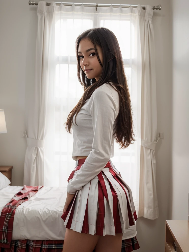 Viewed from below,  12 year old Ariel winter, Generate a full length fashion portrait of a heavily muscled iff pro female bodybuilder , her makeup, hair, she is dressed in a tight oil glossy sweater, tight oil glossy miniskirt, white knee high socks, xmas hat, lighting, environment