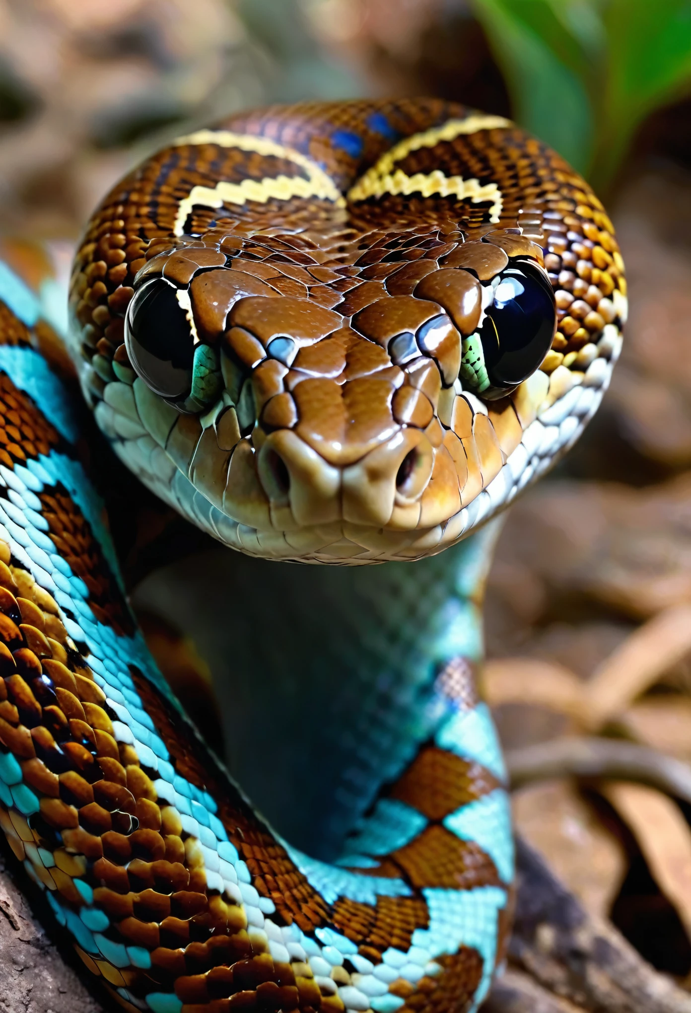 Image of a boa snake looking directly at the camera taking its photo. Penetrating gaze that seems to bewitch whoever sees them. Your head seems to be moving. The eyes are very bright and the details are sharp. Your skin shines so much. The image is very beautiful and has many colors. It looks like an Ayauasca miration,4K,品質,ultra detaild
