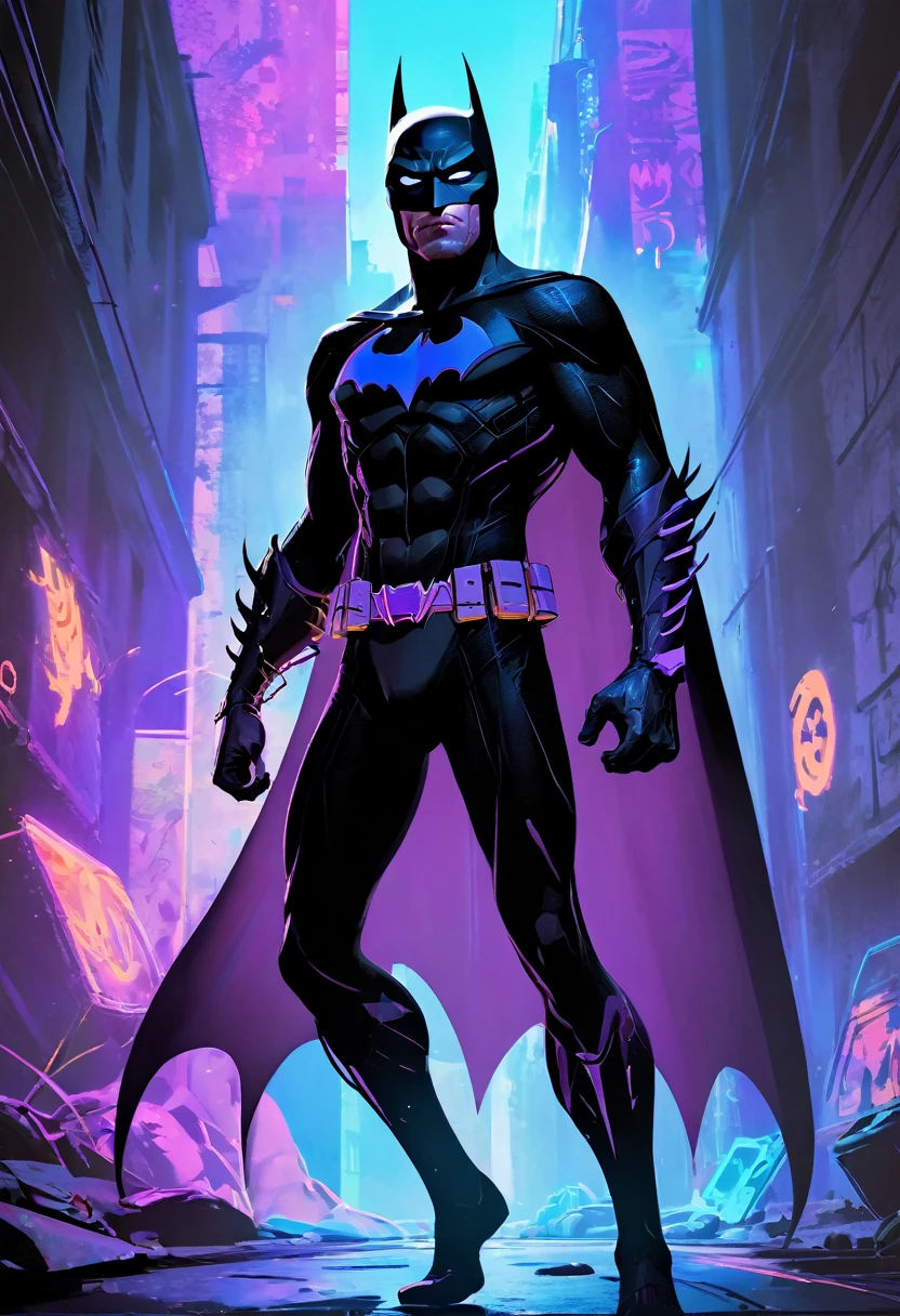 (Masterpiece artwork, 8K, uhd, high resolution: 1.4), stylized portrait of Batman not in Spider-Verse style, (black costume with neon blue and purple details: 1.3), (mask with glowing white eyes: 1.2), (floating cover with light effects: 1.3), (Dynamic and heroic pose: 1.2), (background with Gotham city in graphic and vibrant style: 1.1), (comic and graffiti elements around: 1.2), (dark and electrifying atmosphere: 1.3), Intricate, stylized details, (fantasy and action elements: 1.2), (dynamic and immersive perspective: 1.3)