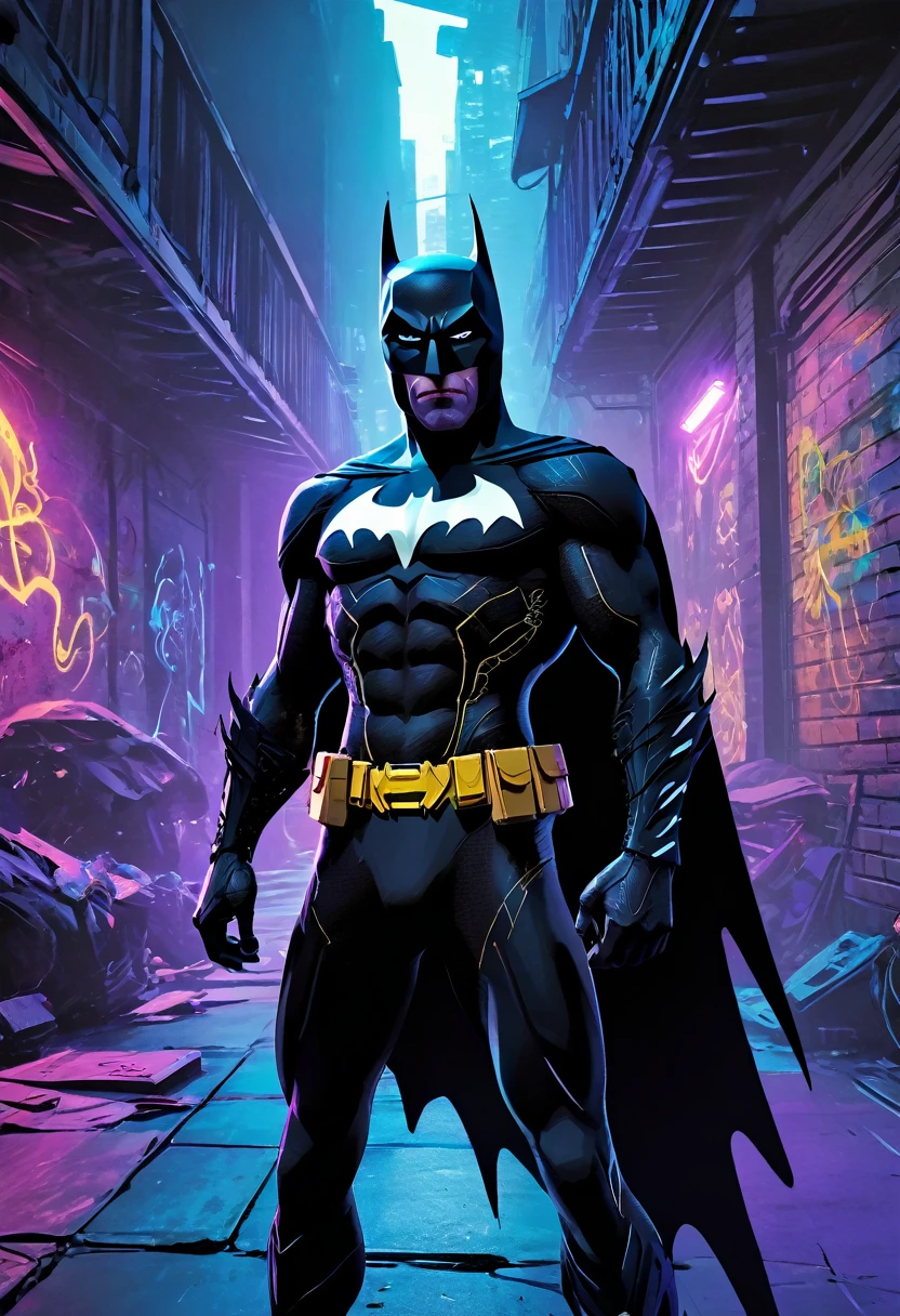 (Masterpiece artwork, 8K, uhd, high resolution: 1.4), stylized portrait of Batman not in Spider-Verse style, (black costume with neon blue and purple details: 1.3), (mask with glowing white eyes: 1.2), (floating cover with light effects: 1.3), (Dynamic and heroic pose: 1.2), (background with Gotham city in graphic and vibrant style: 1.1), (comic and graffiti elements around: 1.2), (dark and electrifying atmosphere: 1.3), Intricate, stylized details, (fantasy and action elements: 1.2), (dynamic and immersive perspective: 1.3)
