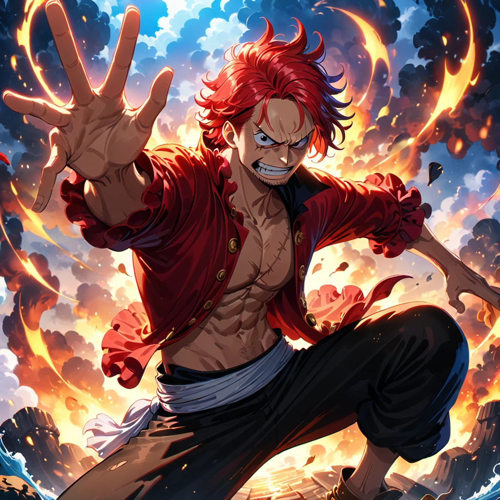 shanks, pirate, red hair, scar, anime, one piece, detailed, dynamic pose, epic background, 4k resolution, masterpiece digital painting by eiichiro oda, vibrant colors, dramatic lighting, ((medium quality)), ((medium quality))