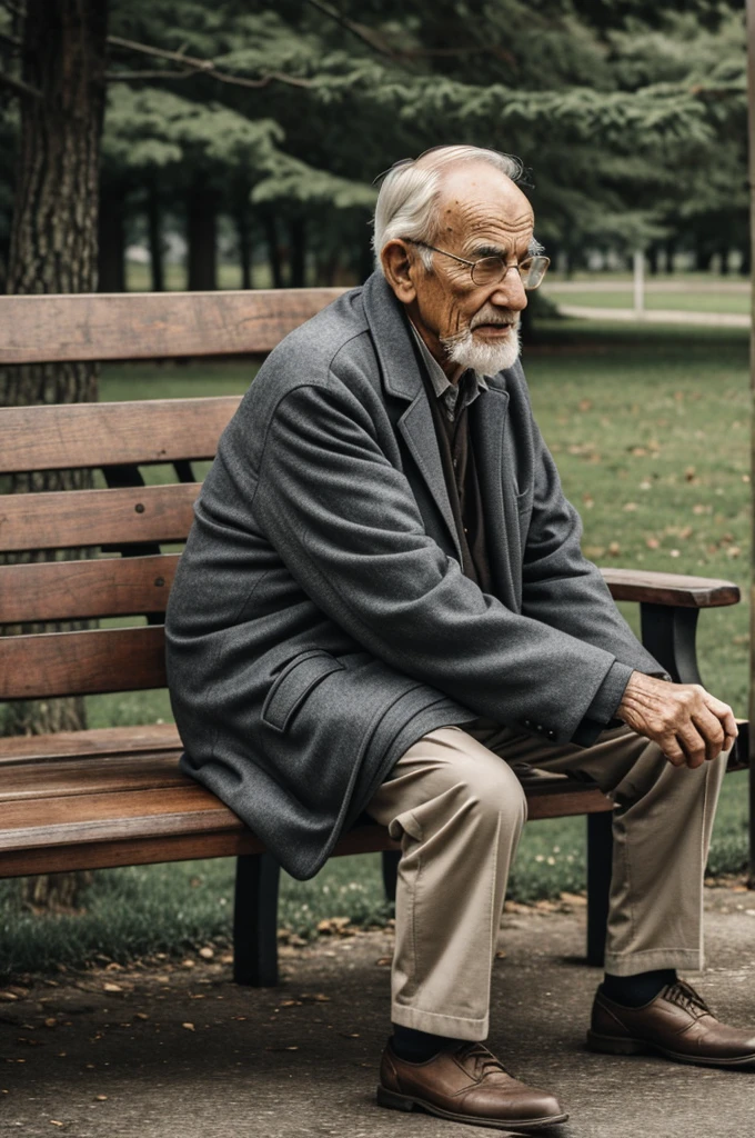 An old man near a wooden bench on a gray day