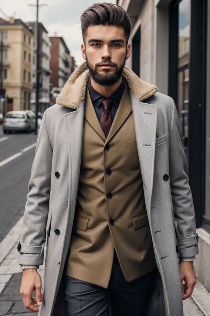 Genrate a 21 year old young proffesional look man with coat and beard and glass with minimal skin tone