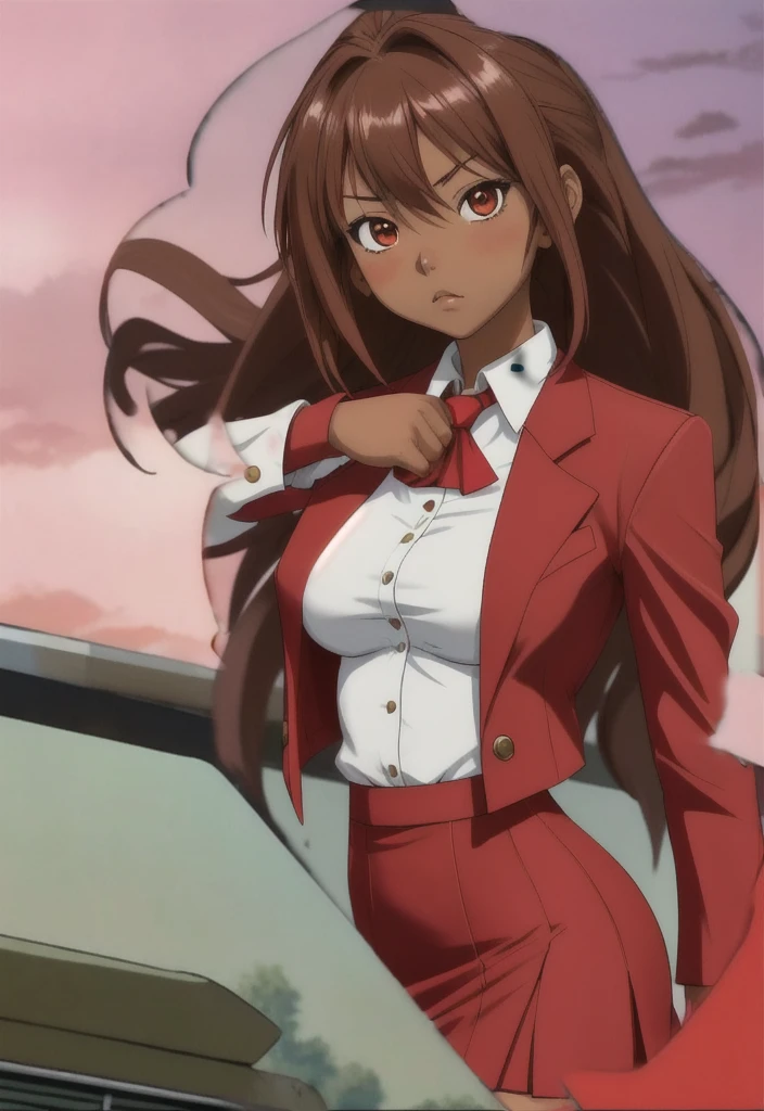 perfect anime illustration, brown hair, curly hair, long hair, hazel eyes, smiling, ((blazer, skirt, white socks, knee high socks, black high heels)), highres, full body, portrait