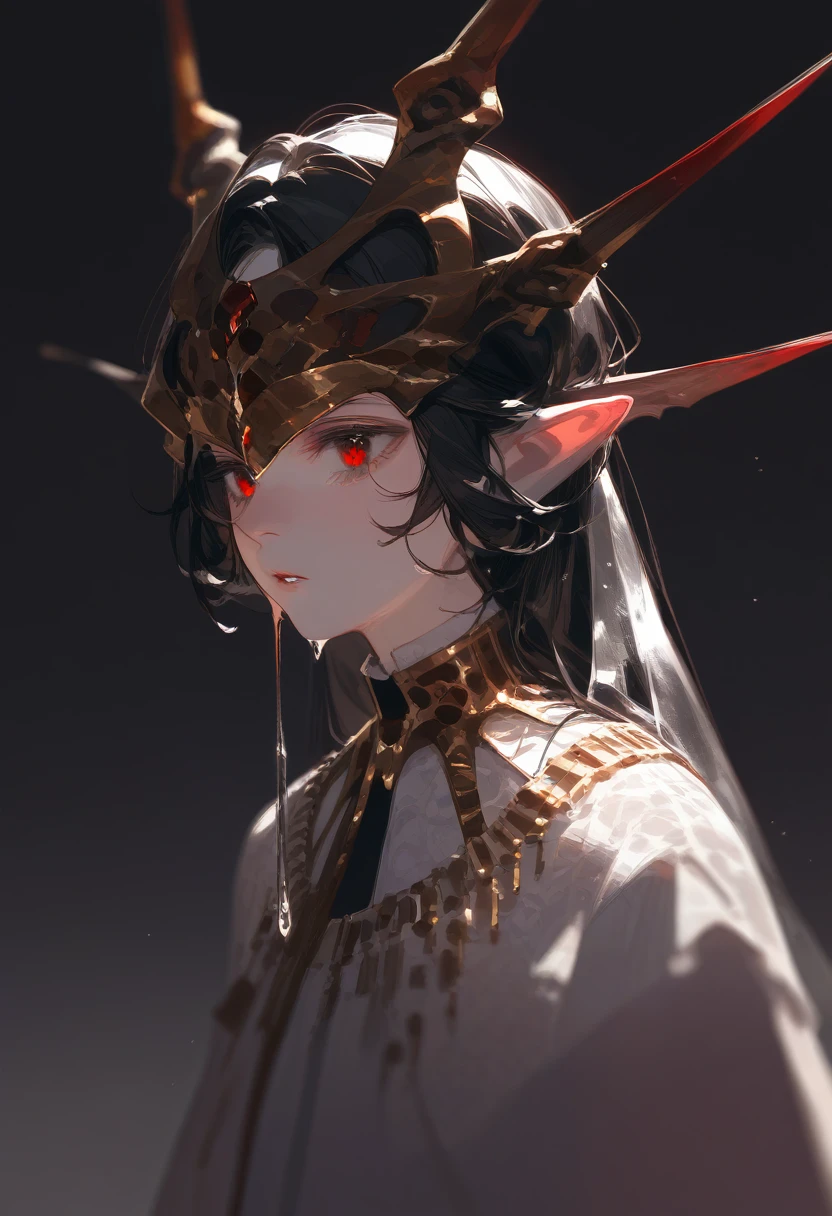 Glassy, empty red eyes, dripping gold, demon, sideways, black hair