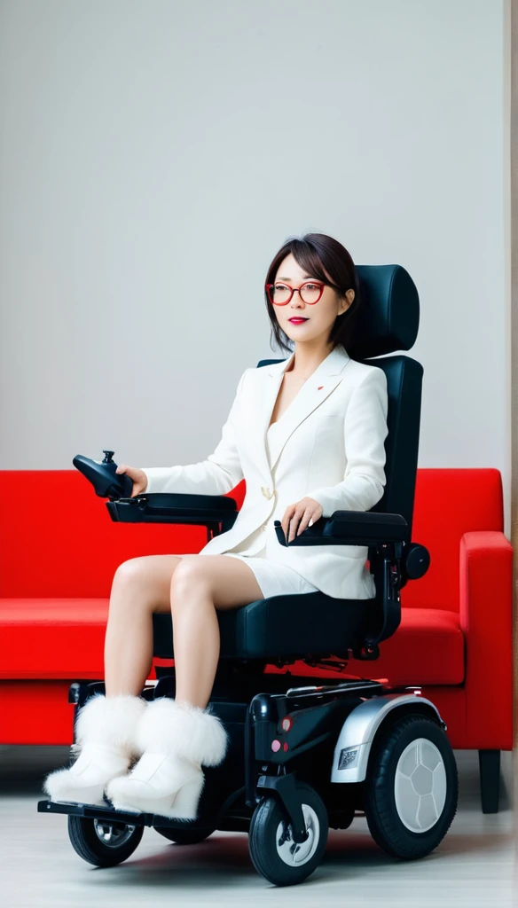 A beautiful 30 year old Japanese woman in a luxury electric wheelchair on a fluffy white sofa. Red glasses.