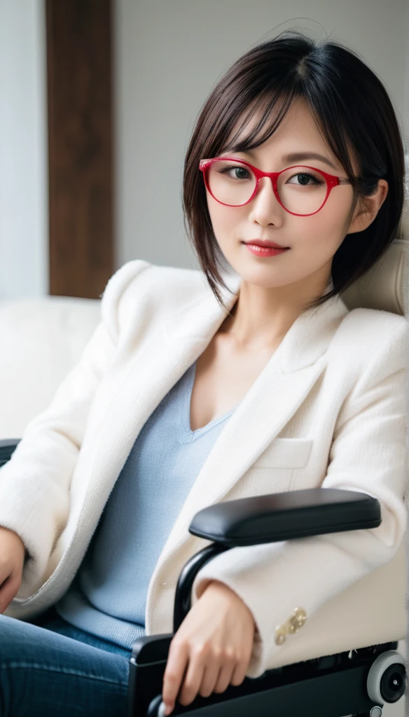 A beautiful 30 year old Japanese woman in a luxury electric wheelchair on a fluffy white sofa. Red glasses.