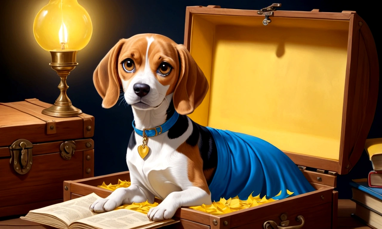 Show her in a blue dress opening a wooden chest with eyes of happiness. Inside the chest there is a diary with yellow pages Next to it there is beagle.