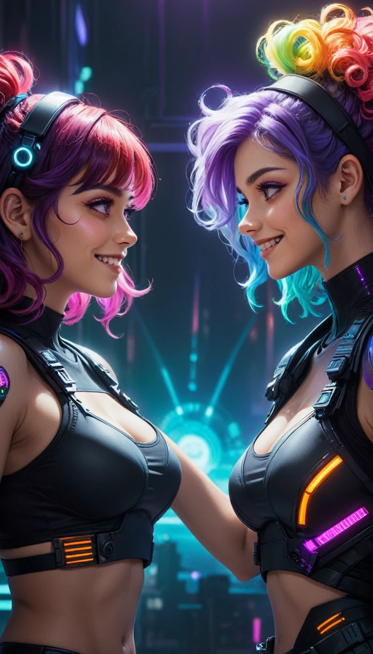 ((two young women fighting)), cyberpunk, neon lighting, multicolored hair, multicolored hair, rainbow hair, curly hair, purple hairband, bloodshot eyes, smile, determined, crazy smile, Futurism, backlighting, character chart, from side, UHD, masterpiece, 8k