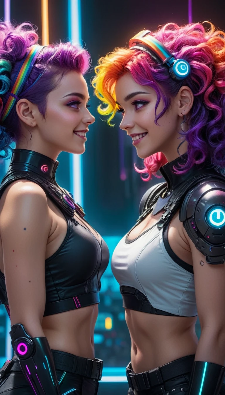 ((two young women fighting)), cyberpunk, neon lighting, multicolored hair, multicolored hair, rainbow hair, curly hair, purple hairband, bloodshot eyes, smile, determined, crazy smile, Futurism, backlighting, character chart, from side, UHD, masterpiece, 8k