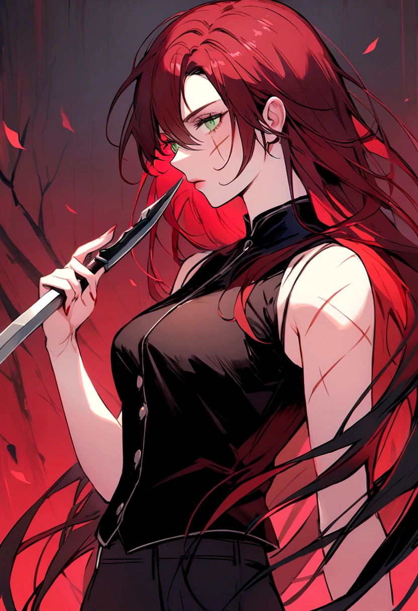Woman with dark red hair, light green eyes, black vest over a black top, this woman has a scar on her right eye, the shape of the scar is a scratch made by a single blade, that is, it is a straight vertical scratch .