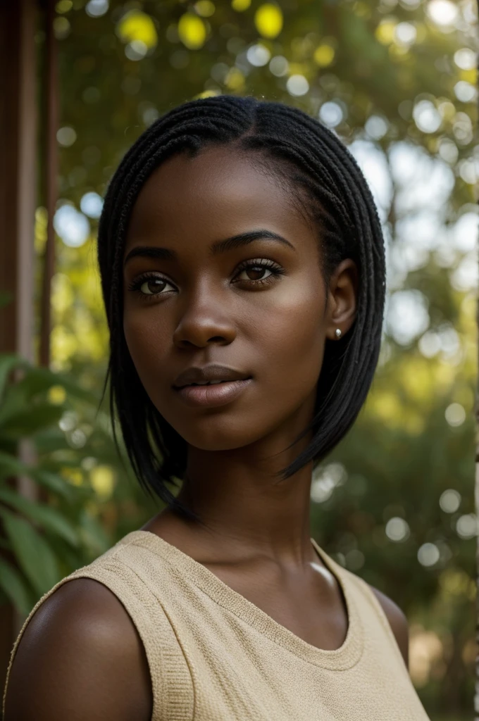A photorealistic portrait of a 23 year old Haitian girl with short flowing black hair and striking black and dark eyes. It should have a natural, approachable expression and be lit by soft golden sunlight. The background should be a picturesque outdoor setting, perhaps a park or other outdoor location. Capture this image with high-resolution photography using a 50mm lens for a flattering perspective.