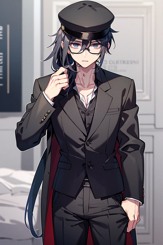 Young man, black shorts hair, eyes gray, glasses, black Fedora hat, black suit, black pants, pocket clock, strong