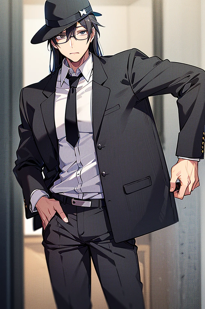 Young man, black shorts hair, eyes gray, glasses, black Fedora hat, black suit, black pants, pocket clock, strong