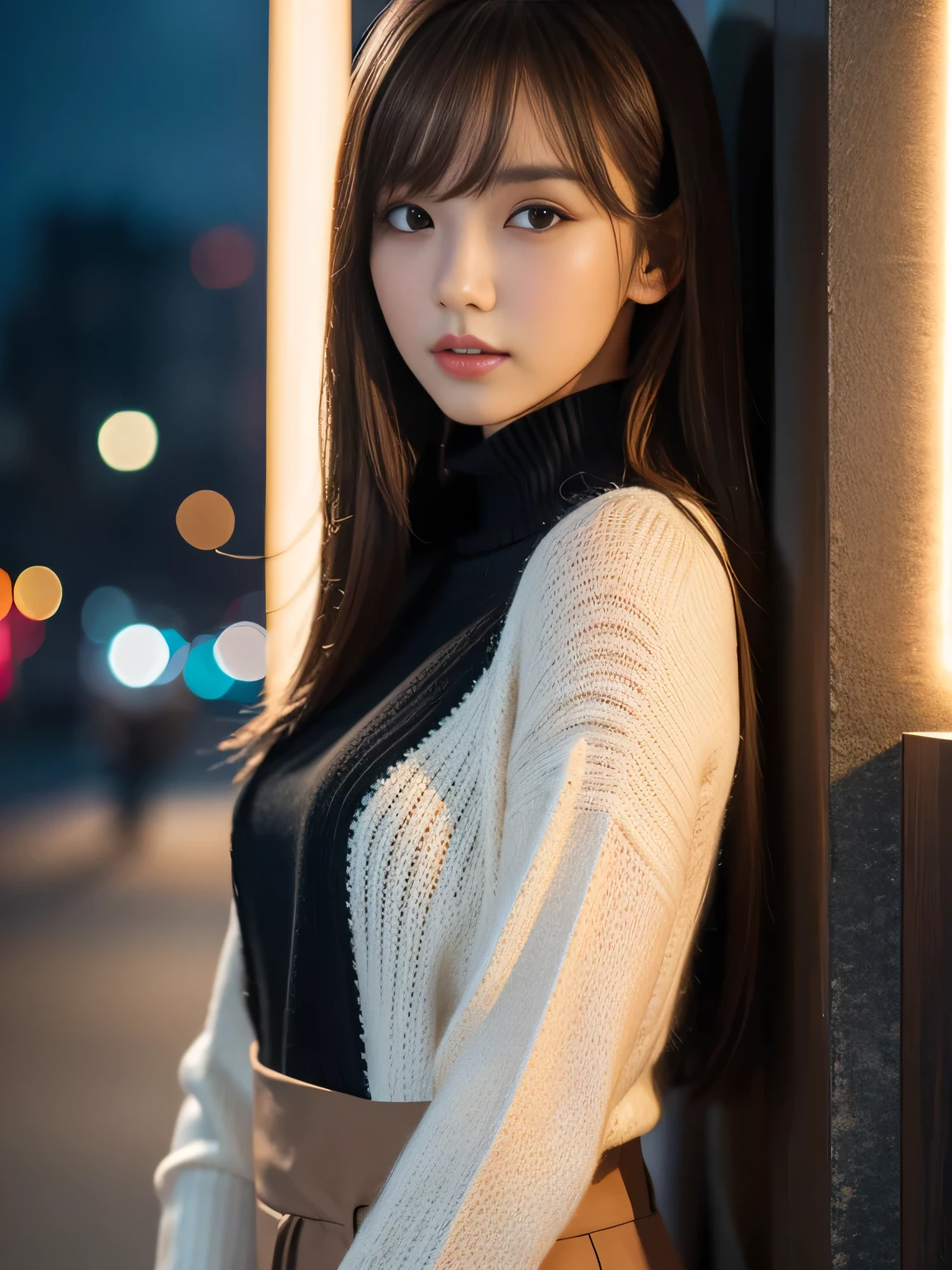 ​masterpiece, 1 beautiful girl, detailed eye, Puffy eyes, top-quality, high resolution, (Realisticity: 1.4), cinematlic lighting, Asian Beauty, Korea idol, Super beauty, Beautiful skin, slender, (A hyper-realistic), (hight resolution), (8K), (ighly detailed), (beautifully detailed eyes), (ultra-detailliert), (wall), detailed face, Bright lighting, profetional lighting, looking at viewert, Facing straight ahead, Black knitwear, oblique bangs, nighttime scene, Brown hair, age19, tall,