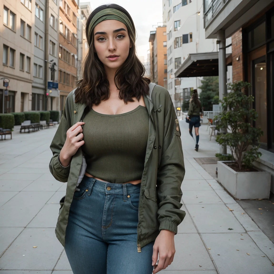 Extremely busty thin and toned brunette photographer, college girl, fair skin, loose side sweep, soft face, athletic, bandana headwrap, babushka, tight olive green casual windbreaker, skinny jeans. standing in front of her apartment building, outdoors, city, camera bag, shoulder strap