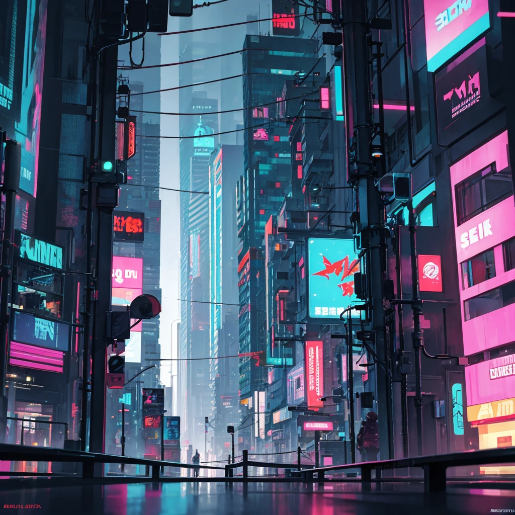 Photo of a city in cyberpunk style, it's raining,but it doesn't catch your eye, at night the logo stands out "MG " found on a poster with katanas, (I love katanas and would like to see a building dedicated to them)the letters are arranged in a small display that stands out,letter color is dark red.There are from 3 to 6 buildings on each building something written in Japanese.I don't want to see people and sunny weather in the photo.
