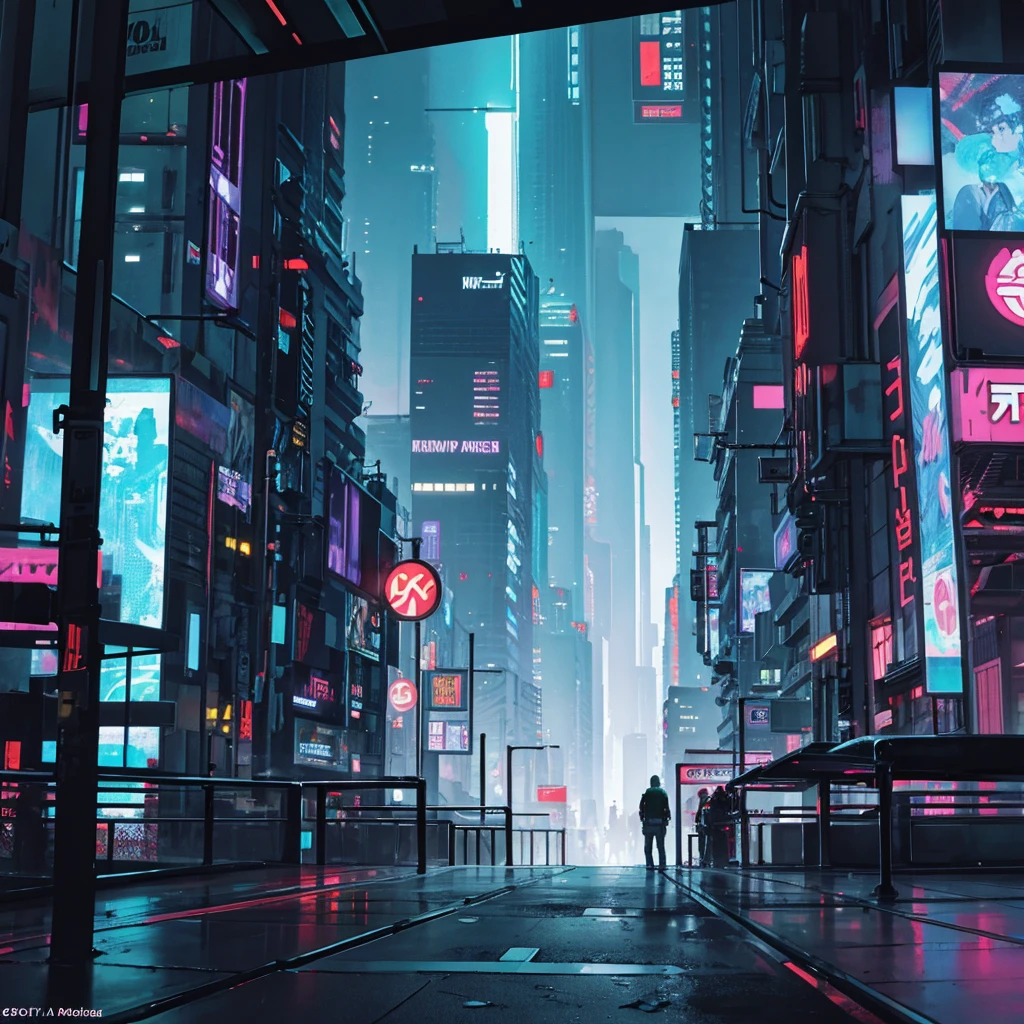 Photo of a city in cyberpunk style, it's raining,but it doesn't catch your eye, at night the logo stands out "MG " found on a poster with katanas, (I love katanas and would like to see a building dedicated to them)the letters are arranged in a small display that stands out,letter color is dark red.There are from 3 to 6 buildings on each building something written in Japanese.I don't want to see people and sunny weather in the photo.