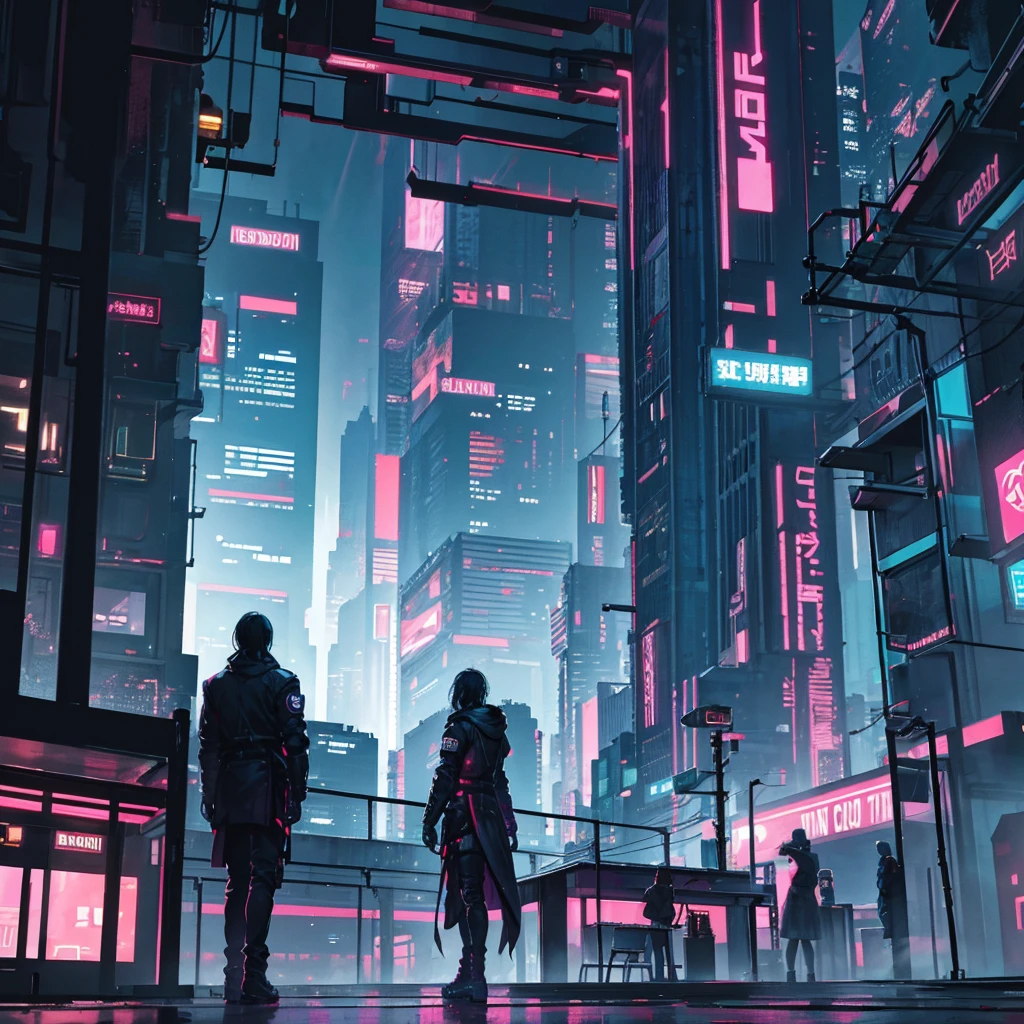 Photo of a city in cyberpunk style, it's raining,but it doesn't catch your eye, at night the logo stands out "MG " found on a poster with katanas, (I love katanas and would like to see a building dedicated to them)the letters are arranged in a small display that stands out,letter color is dark red.There are from 3 to 6 buildings on each building something written in Japanese.I don't want to see people and sunny weather in the photo.