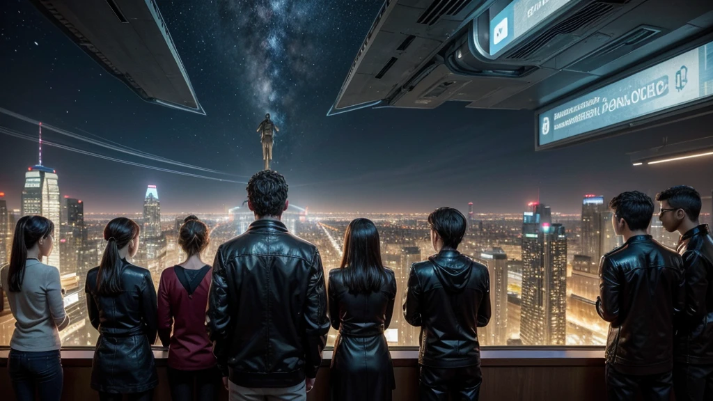 Epic image of a highly accelerated technological world with people addicted to social media and cell phone use with the presence of a stoic statue watching everything closely.