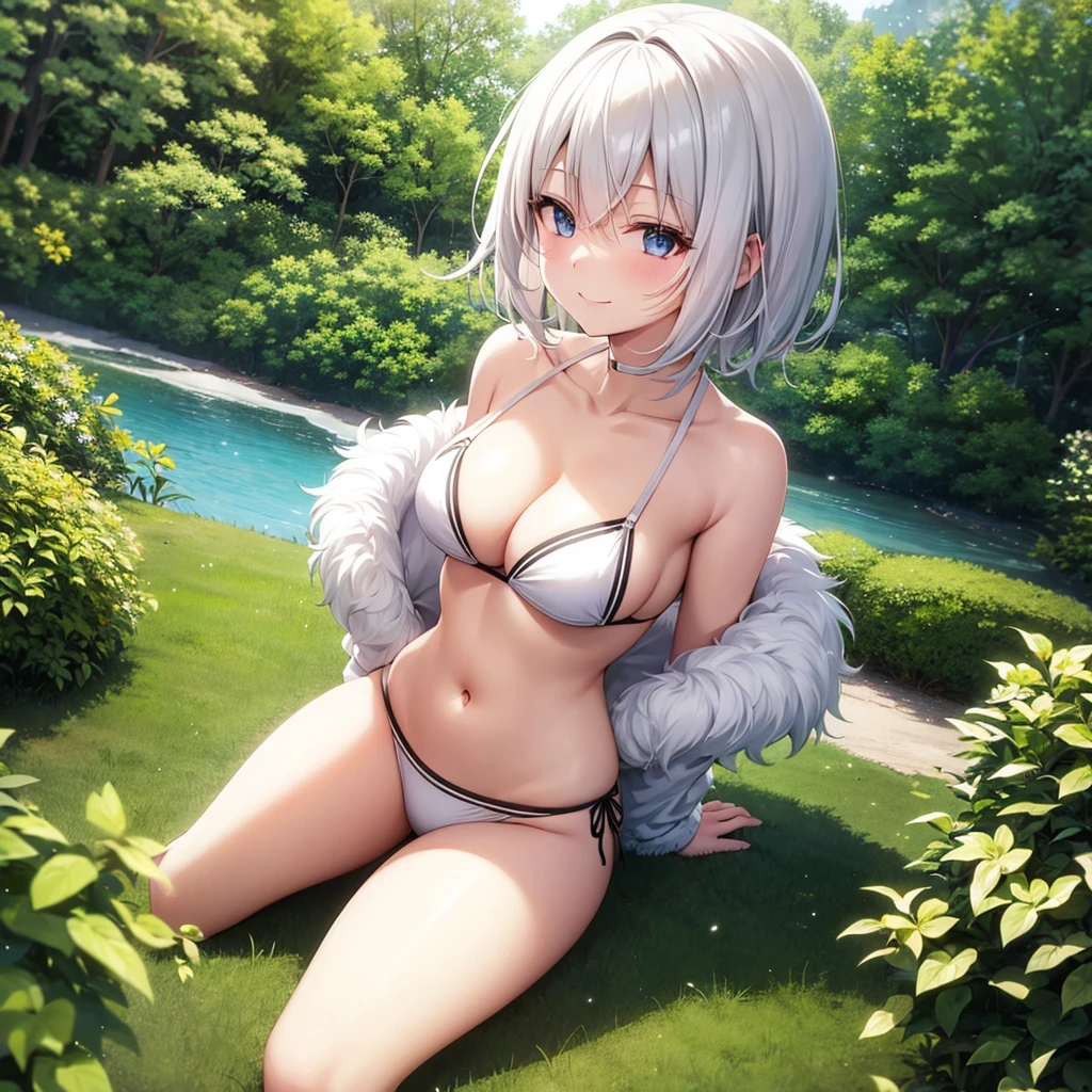 White anime girl in a field of short white hair smiling blushingly in black bikini