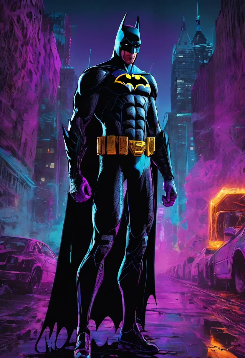 (Masterpiece artwork, 8K, uhd, high resolution: 1.4), stylized portrait of Batman not in Spider-Verse style, (black costume with neon blue and purple details: 1.3), (mask with glowing white eyes: 1.2), (floating cover with light effects: 1.3), (Dynamic and heroic pose: 1.2), (background with Gotham city in graphic and vibrant style: 1.1), (comic and graffiti elements around: 1.2), (dark and electrifying atmosphere: 1.3), Intricate, stylized details, (fantasy and action elements: 1.2), (dynamic and immersive perspective: 1.3)
