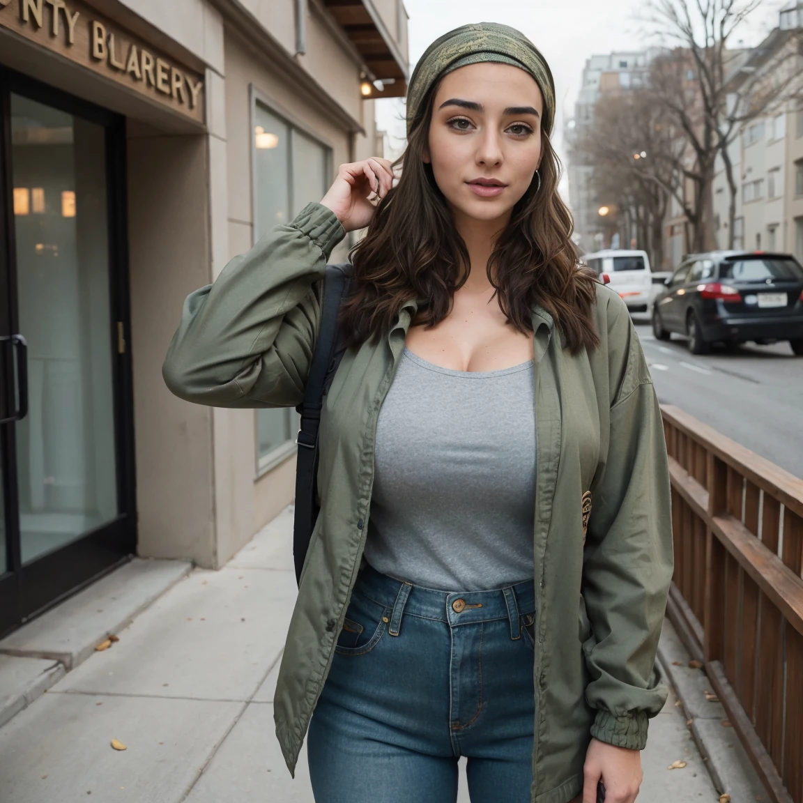 Extremely busty thin and toned brunette photographer, college girl, fair skin, loose side sweep, soft face, athletic, bandana babushka headwrap, tight olive green casual windbreaker, skinny jeans. standing in front of her apartment building, outdoors, city, camera bag, cleavage 