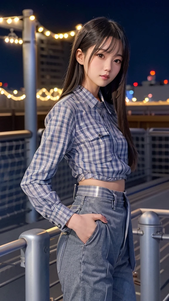 Hoshimachi Suisei (hololive), long straight hair, (Skinny body),Gray checkered clothing, building rooftop, standing in front of steel fence, upright, blue-white light night scene, wind