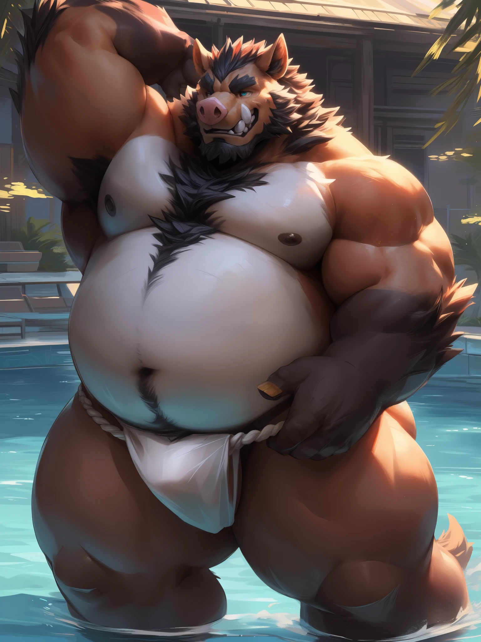 lindong, lucusold, lanxus, a man with a huge belly, furry boar, hog eating ice cream, pool, ((fat ripped:1.2, overhang, chubby, more chubby, fat, very huge belly:1.5, obese, massive fat)), smile, thicc, lowres, (fundoshi), giant and fat, danbooru and artstation, heavy detailed, insanely inflated hips, nude, proportionally arms, fluffy chest, commission for high res, detailed but rough, semirealistic:1.3