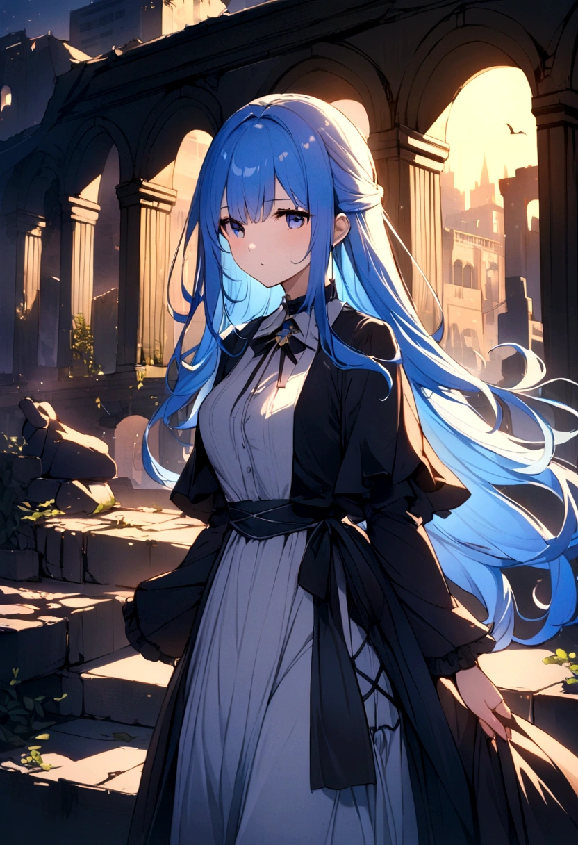 Blue Hair、long hair、、Sister clothes、Highest quality、4K、Beautiful light source、City of night、ruins