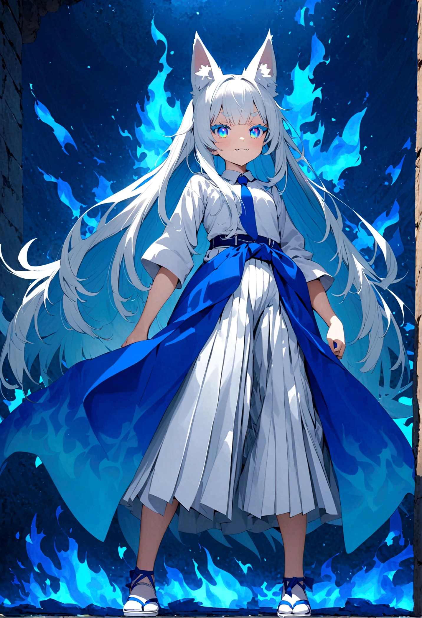 Anime girl with white long hair with white fox ears with rainbow coloured eyes and fox fangs wearing white hakama with blue belt and White sandals with short socks with blue ties and she has 9 white tails with two blue flames next to each arm thick eyelashes background fox temple 