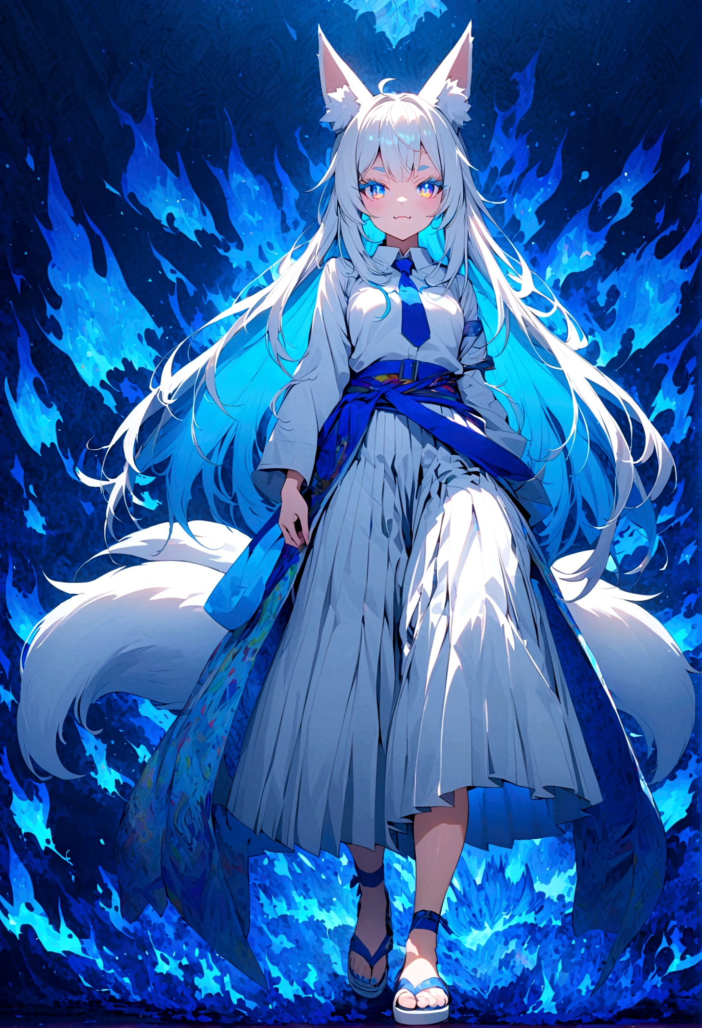 Anime girl with white long hair with white fox ears with rainbow coloured eyes and fox fangs wearing white hakama with blue belt and White sandals with short socks with blue ties and she has 9 white tails with two blue flames next to each arm thick eyelashes background fox temple 