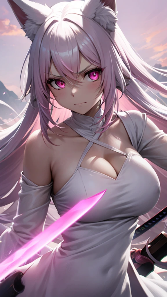 An adult woman, half fox, pink and white ears, pink and white hair, pink eyes, little white and black dress, wide breasts, very angry, holding a sword